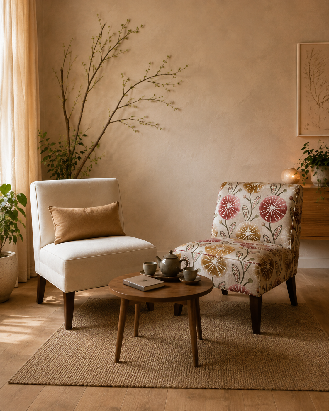 A warm private consultation space with two closely grouped armless upholstered chairs around a small circular table holding a tea set and a personal practice book.